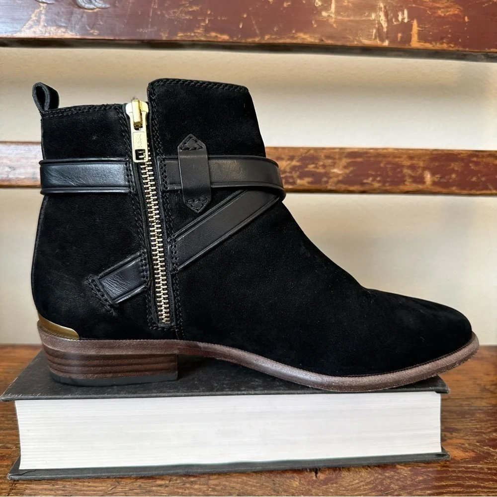 COACH Leoda Black Suede Buckle Ankle Booties Boots